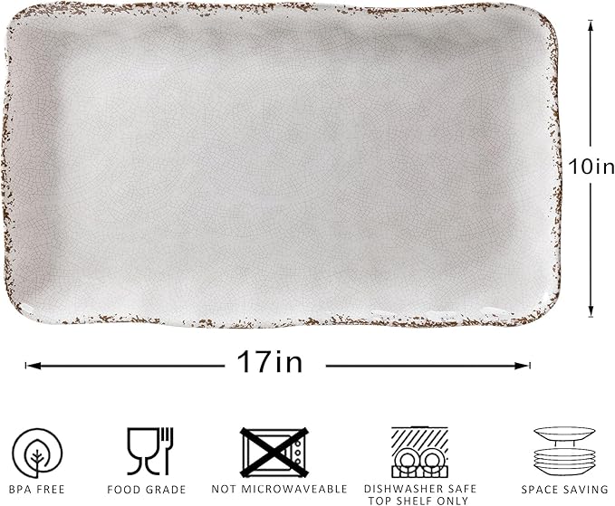 Farmhouse Melamine Serving Platters Set of 2, 17"x10" Large Rectangular Melamine Serving Trays for Serving Food on Parties and Entertaining, Dishwasher Safe. Ivory
