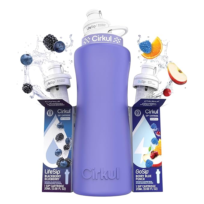 Cirkul 32oz. Matte Periwinkle Stainless Steel Water Bottle Starter Kit with Purple Lid, 2 Flavor Cartridges (1 LifeSip Blackberry Blueberry, 1 GoSip Berry Blue Punch) No Sugar, Zero Calorie Drink Mix