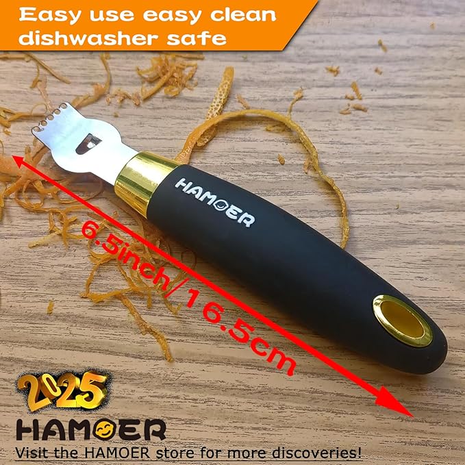 Lemon Zester Tool with Channel Knife Citrus Twist Making Tool Ergonomic Curved Handle Gold-Black