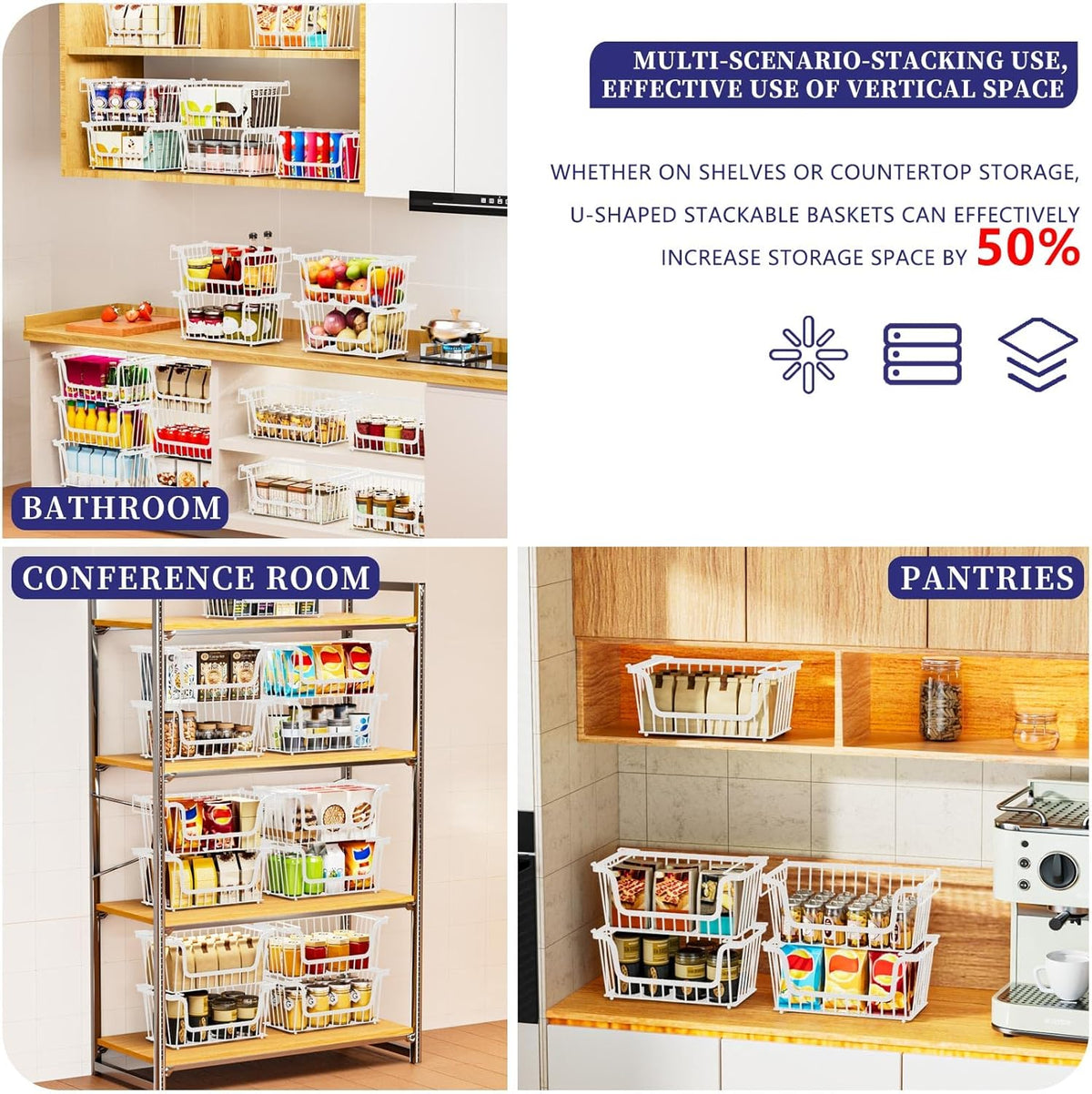 Enhanced Leak-Proof Bottom Stackable Wire Baskets, 4 Pack Pantry Organizers and Storage, Pantry Storage，Shelf Baskets, Fruit Basket, Potato and Onion Storage Bins，(White)