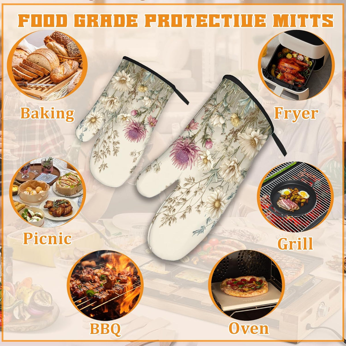 Vintage Wildflowers Oven Mitts and Pot Holders,Floral Botanical Herbs Heat Resistant Oven Mitts Gloves and Pot Holder for Home Kitchen Decorations Cooking Baking BBQ Gifts,Set of 4