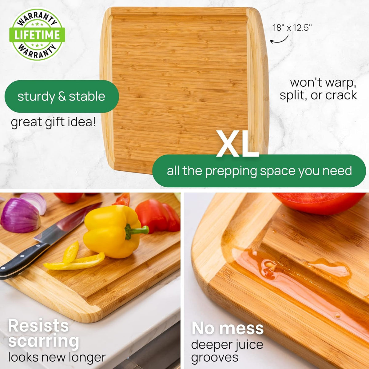 Organic Extra Large Bamboo Cutting Board –18 Inch Reversible Wooden Chopping Board with Juice Groove – Used to Chop, Slice & Serve – Intended for Home Cooks, Families & Entertainers for Meal Time Prep