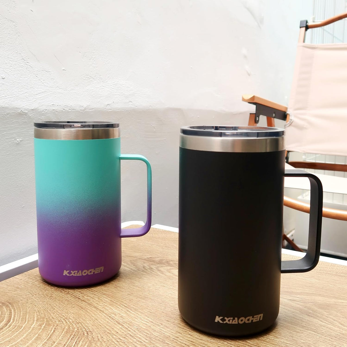 KXIAOCHEN 20oz Insulated Coffee Mug with Lid, Stainless Steel Coffee Cup, Double Wall Vacuum Coffee Tumbler with Handle, Premium Thermal Travel Coffee Mug (Black Purple 2Pack)