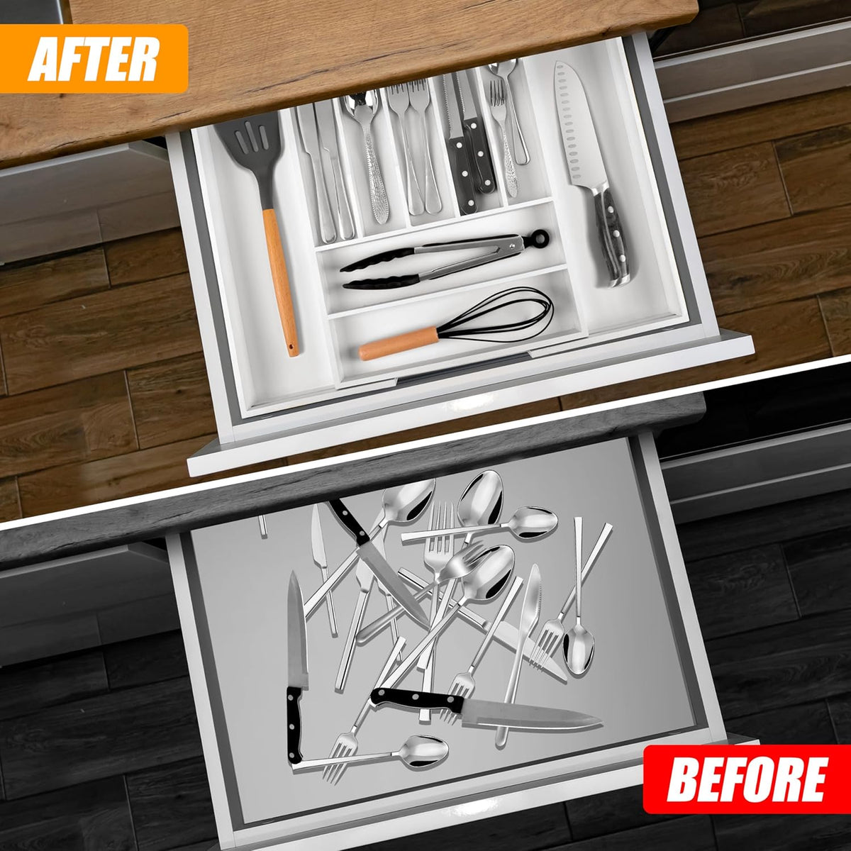 Bellsal Large Premium Bamboo Silverware Organizer - Expandable Utensil Drawer Organizer - 17"x19.6" Utensil Holder and Cutlery Tray with Grooved for Kitchen Flatware and Utensils(7-9 Slot, White)