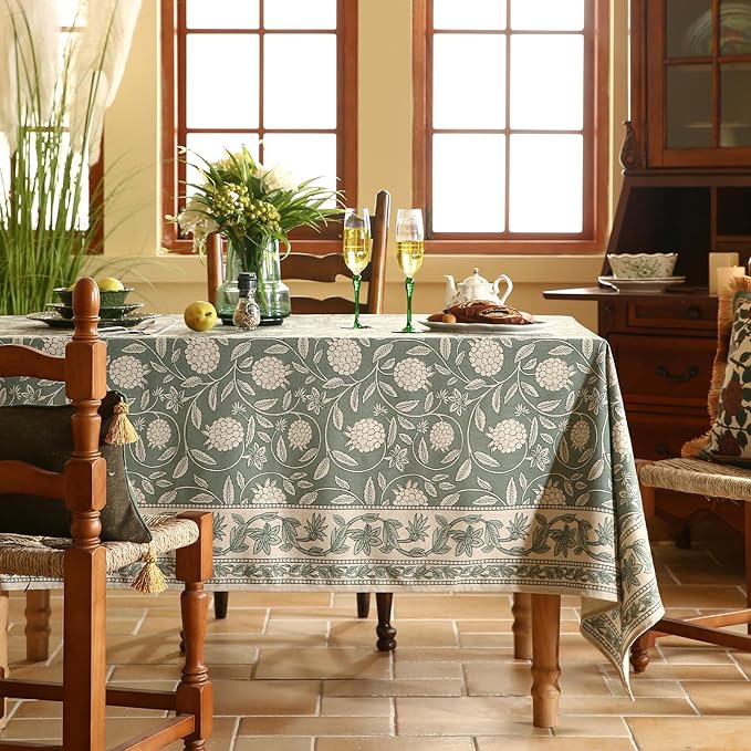 ISAENNE Designer Grayish Green Linen Rectangular Tablecloth,Floral Stain Resistant Table Cloth,Fall Vintage Decor Tablecloths for Dining Thanksgiving Kitchen Party,55"*79"-Andrew A