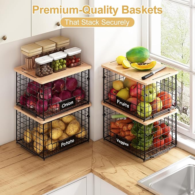 keomaisyto 2 Set XL Stackable Wire Baskets with Bamboo Top- Pantry Organizers and Storage, Kitchen Organization Counter Storage Bins for Potato/Onion/Fruit/Vegetable/Produce, Under Sink Organizing