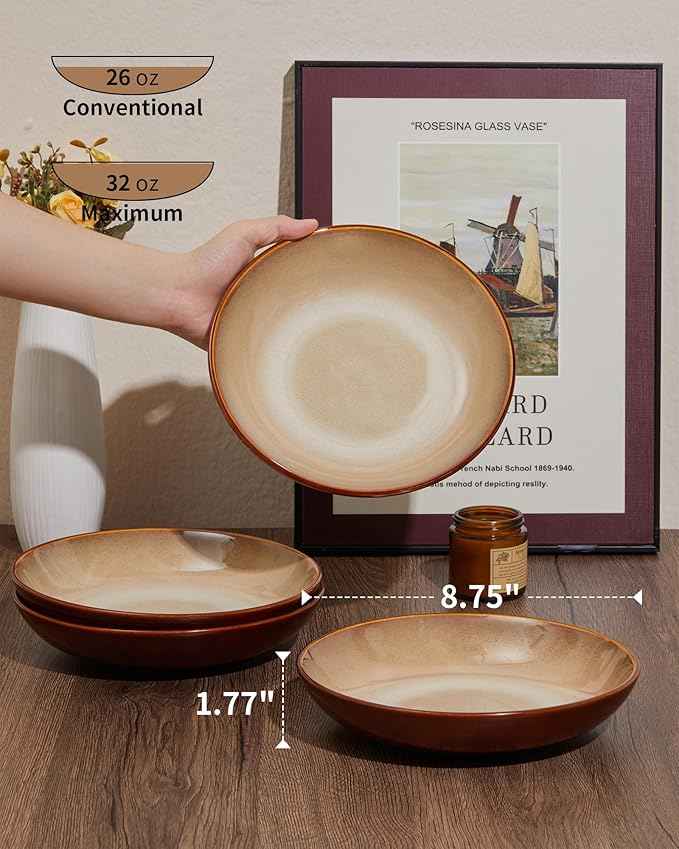 16 Piece Double Bowl Plates and Bowls Sets, Ceramic Dinnerware Sets with Pasta Bowls, Dishwasher & Microwave Safe Dish Set, Scratch Resistant Stoneware Plate Set, Service for 4 Brown Yellow