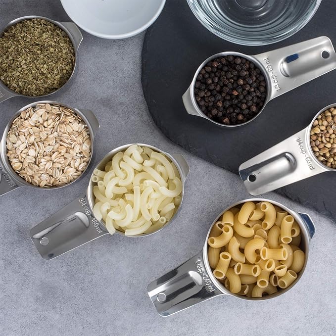 Set of 7 Heavy Duty Measuring Cups, 18/8 Stainless Steel with Ring Connector, Silver