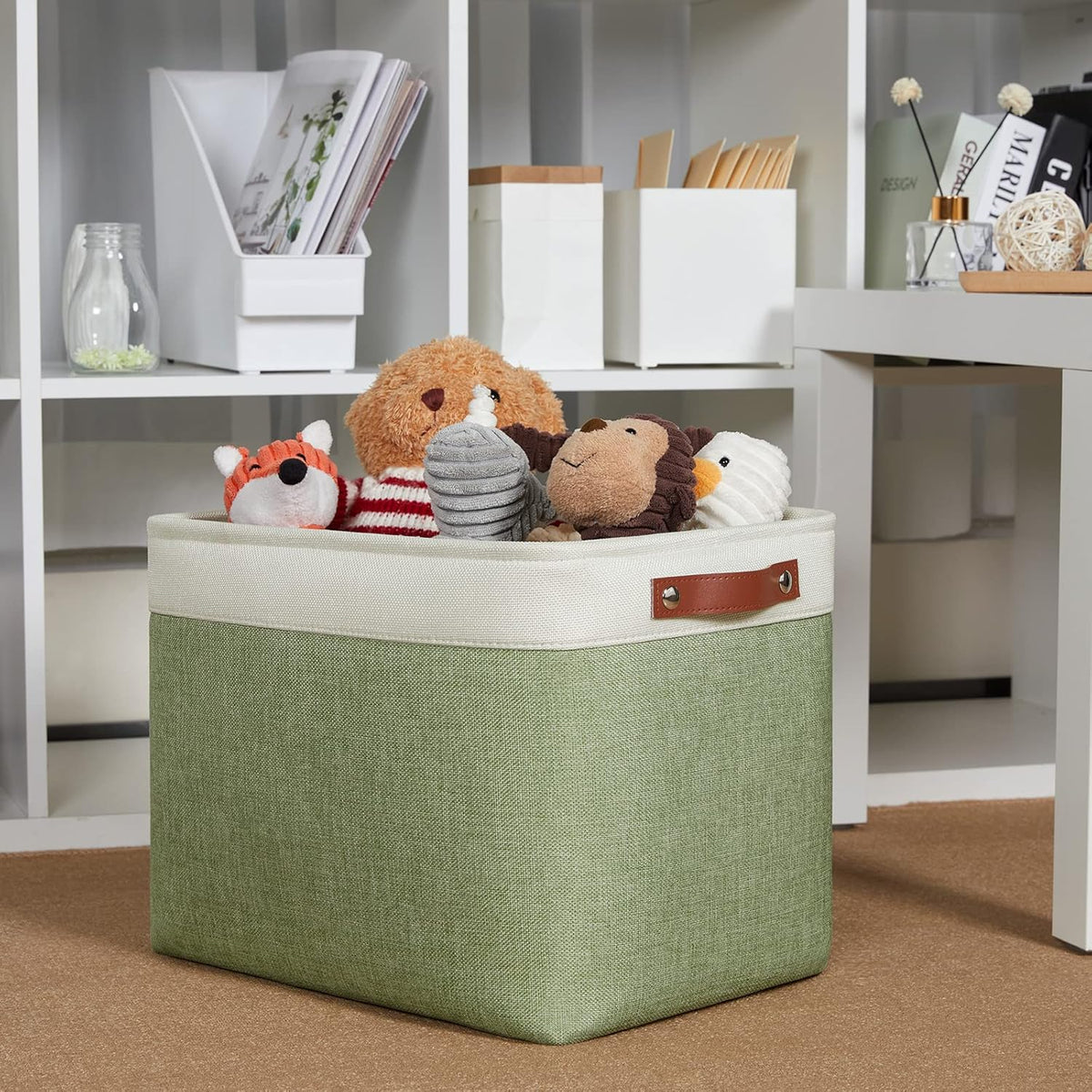 DULLEMELO 2-Pack Large Storage Baskets for Organizing 16"x12"x12" Canvas Fabric Storage Basket Bins With Leather Handles for Shelf Clothes Empty Gift Basket (White&Green)