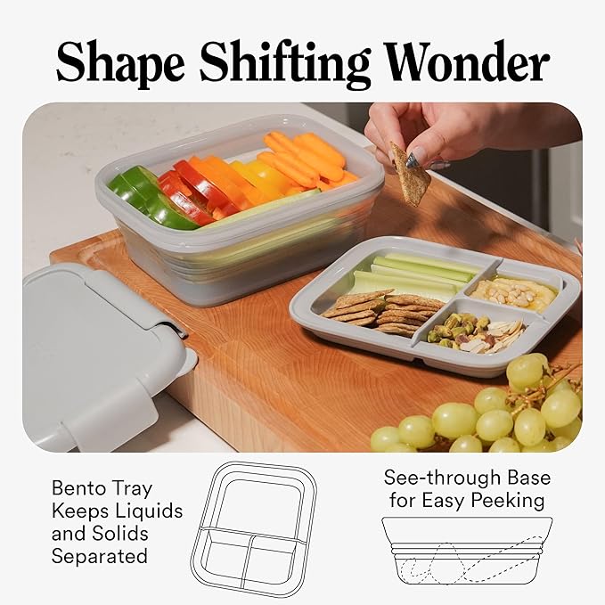 STOJO Collapsible Bento Box, Reusable, Leak-Proof, Microwave & Dishwasher Safe, Premium Lunch Container with Divider – Space-Saving, Transparent Design (Cashmere, 2.75-Cup/650mL)