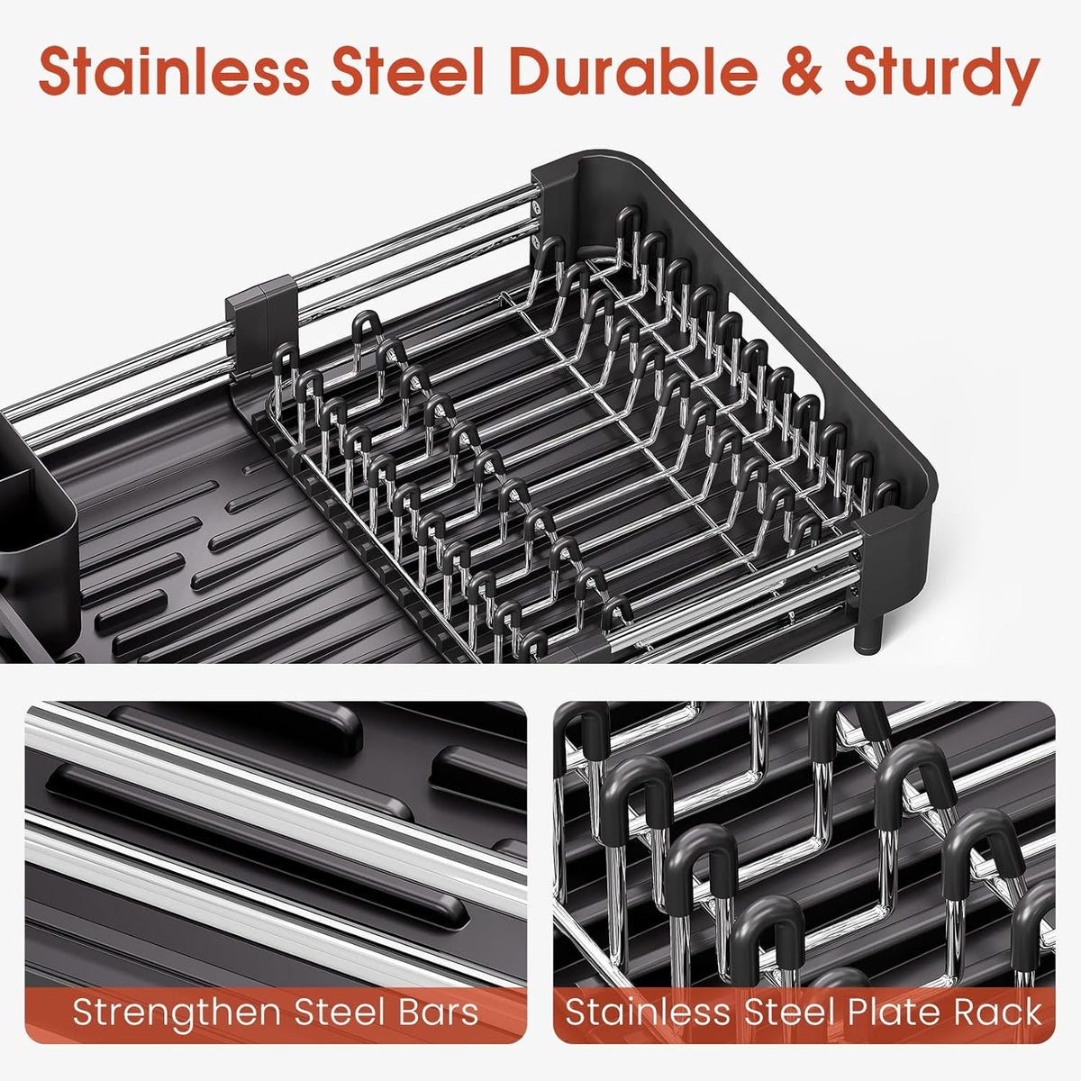 Dish Drying Rack for Kitchen Counter, Extendable Dish Rack with Drainboard, Expandable Dish Drainer, Collapsible Dish Strainer with Cutlery Holder, Foldable Home Countertop Plate Storage Rack, Black