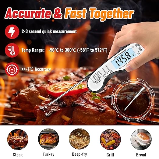 Meat Thermometer, IP67 Waterproof Digital Meat Thermometer with Backlight, Hold Function & Magnet for Grill, BBQ, Candy, Beef,Turkey，Gadgets Essentials BBQ Accessories,Mens Stocking Stuffers