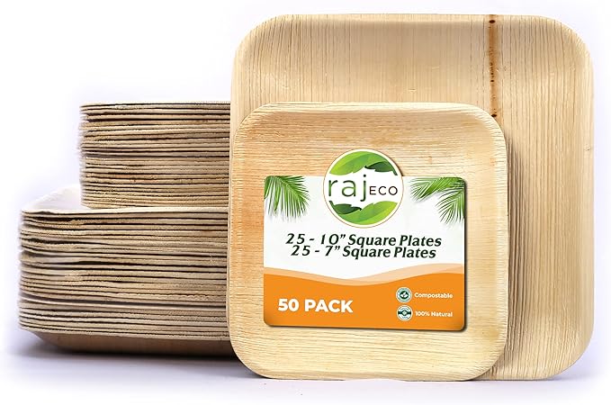 Raj Palm Leaf Plates [50-Pack] 10"x25 7"x25 Square Plates like Bamboo plates Disposable, Decorative Compostable Tableware for wedding, Lunch, Dinner, Birthday, Camping, Outdoor BBQ, Picnic