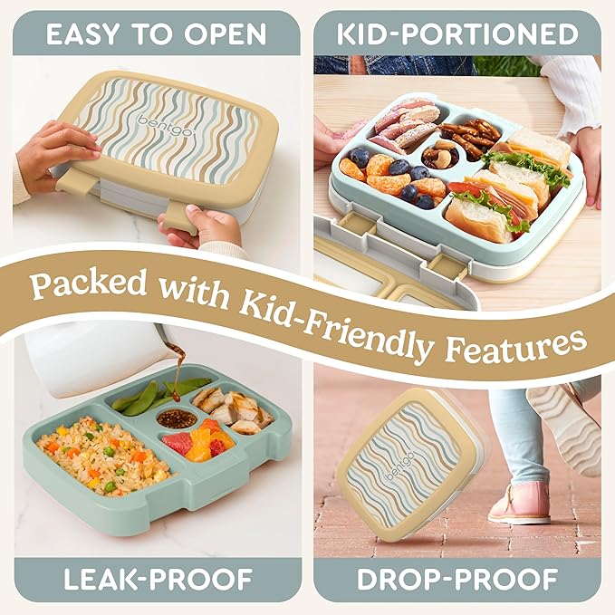 Bentgo Kids 5-Compartment Leak-Proof Bento-Style Lunch Box (Whimsy & Wonder Collection) - Ideal for Ages 3-7, Drop-Proof & Durable, Dishwasher Safe, & PFAS & BPA-Free Materials (Wavy)