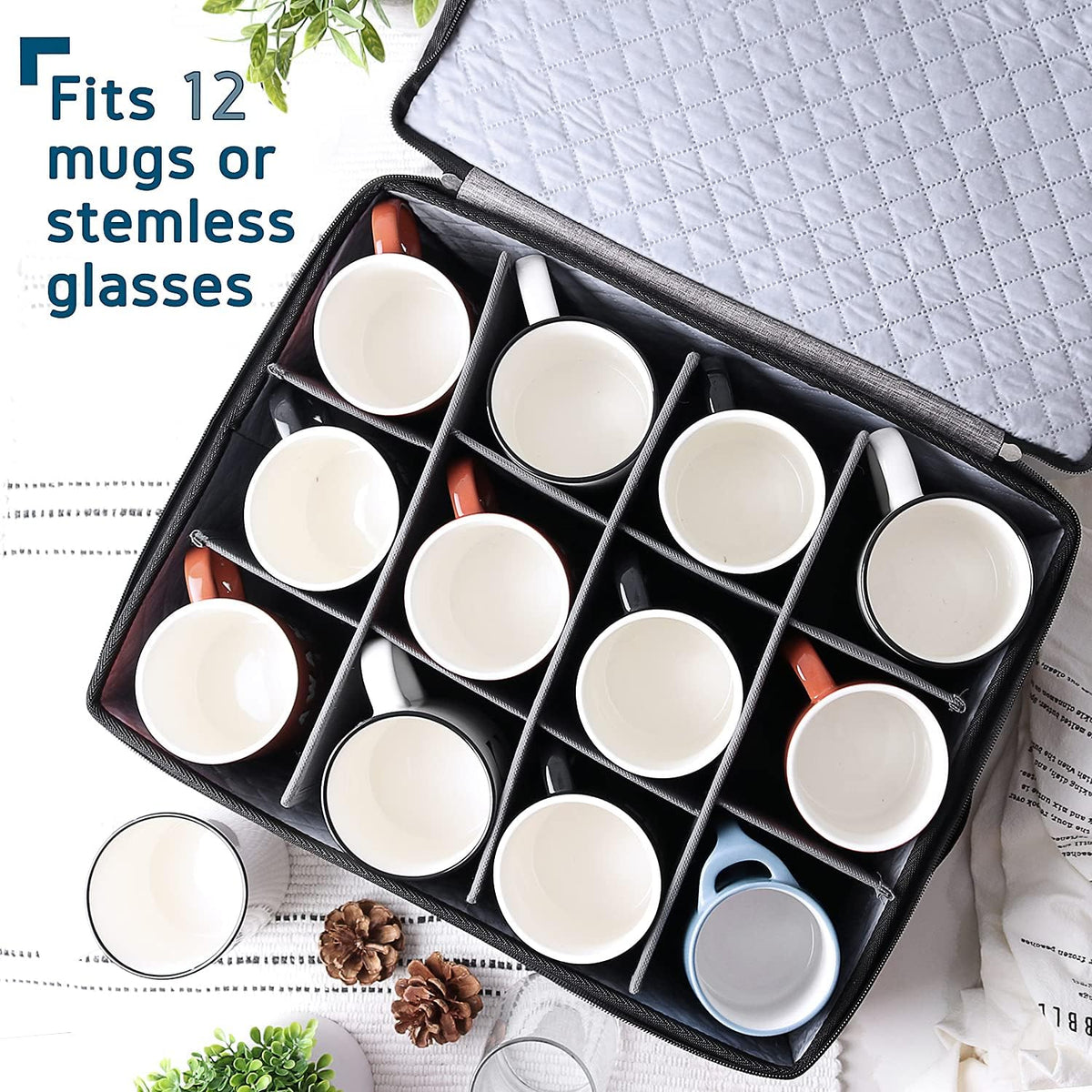 Coffee Mug Storage, Quilted and Stackable Coffee Cup Storage Organizer for Service of 12, Mug Storage Box with Dividers, Mug China Storage Containers Hard Shell for Moving and Seasonal Storage