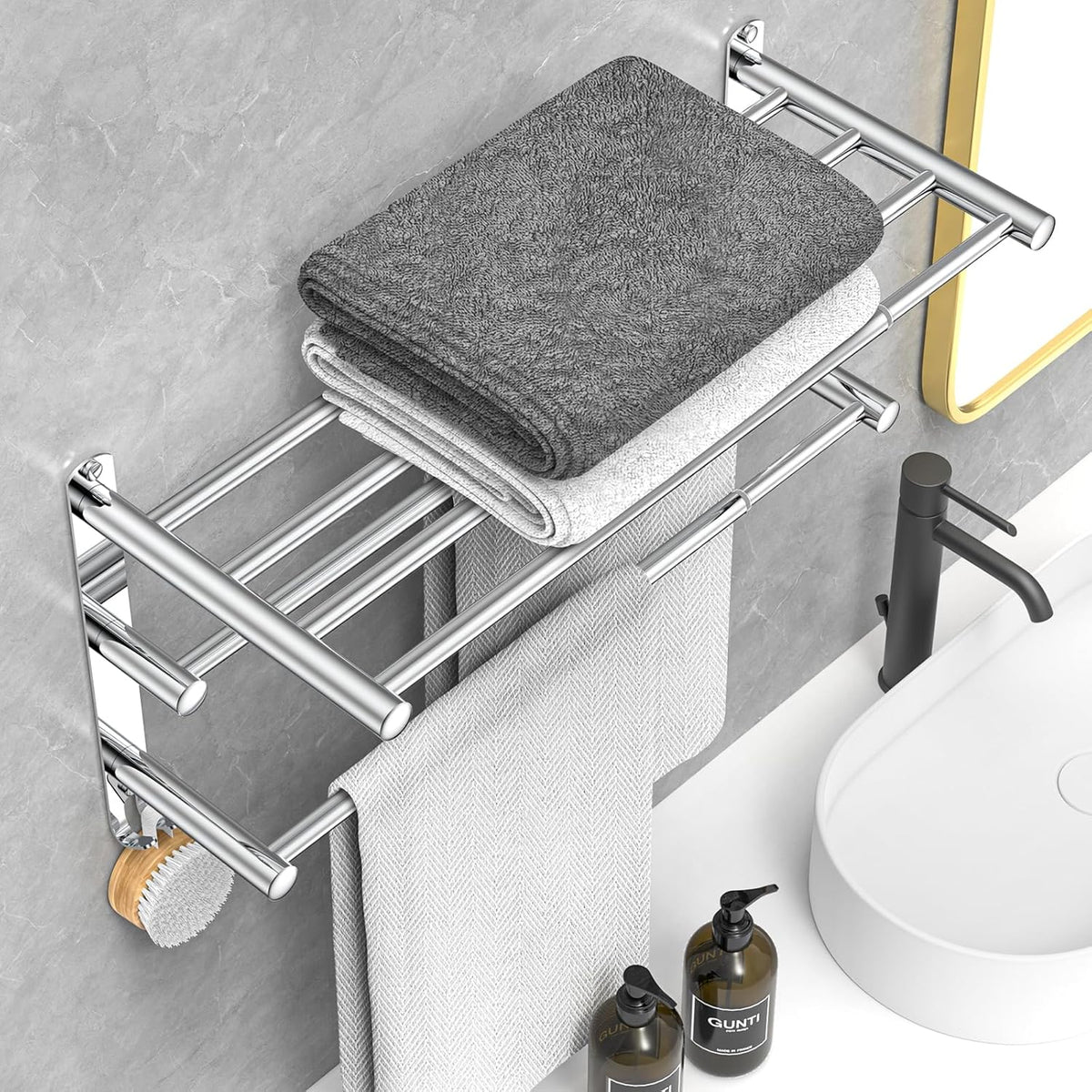 Adjustable Towel Bar for Bathroom Wall Mount17-30.7inch Adhesive Shower Towel Rack Stainless Steel Bath Towel Holders for Toilet Kitchen Double Towel Hanger (3-Layer Towel Rack)