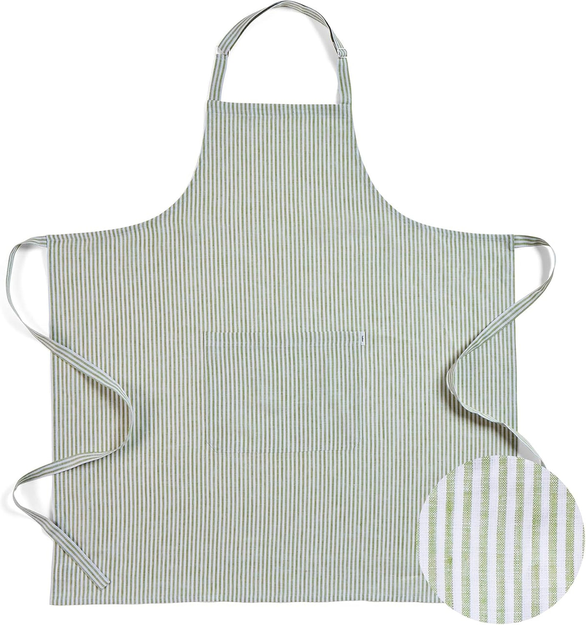 Solino Home 100% Pure Linen Apron for Women & Men - Avocado and White Stripe Full Midi Bib Apron, Adjustable Neck Strap with Center Pockets for Kitchen, Chef - Handcrafted from European Flax