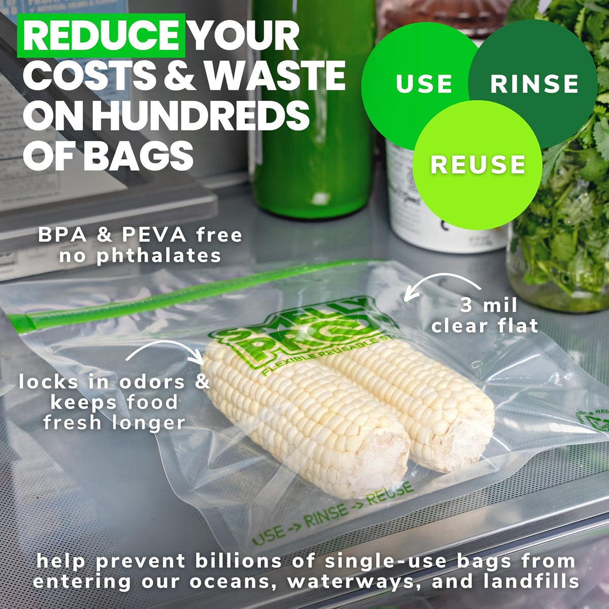 Smelly Proof Reusable Food Storage Bags Designed & MFG, USA MADE, Dishwasher-Safe, Easy-To-Clean, BPA FREE, NO PEVA, Clear FLAT Large 3-mil Thick, 8.5" x 10", Quart Size Bags, 10-Pack