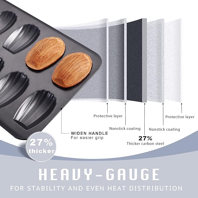 HONGBAKE Nonstick Madeleine Pan 2 Pack 12-Cavity Heavy Duty Madeleine Cookies Trays for Oven Baking, Warp Resistant Shell Shape Madeleine Mold Cake Pan, Space Grey