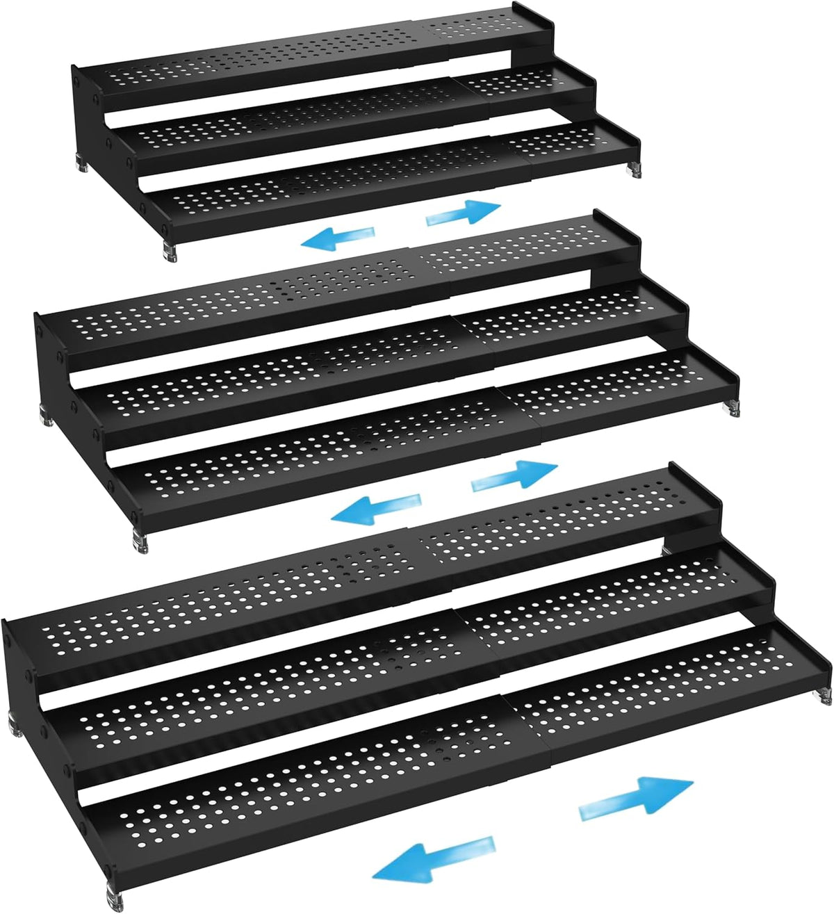Expandable Spice Rack organizer with 3-Tier step shelf,Modern Design heavy duty,Non Skid and Visibility ,Great for Kitchen Cabinet,Bathroom,dressing table,Cupboard, Pantry and more(3PACKS/BLACK)