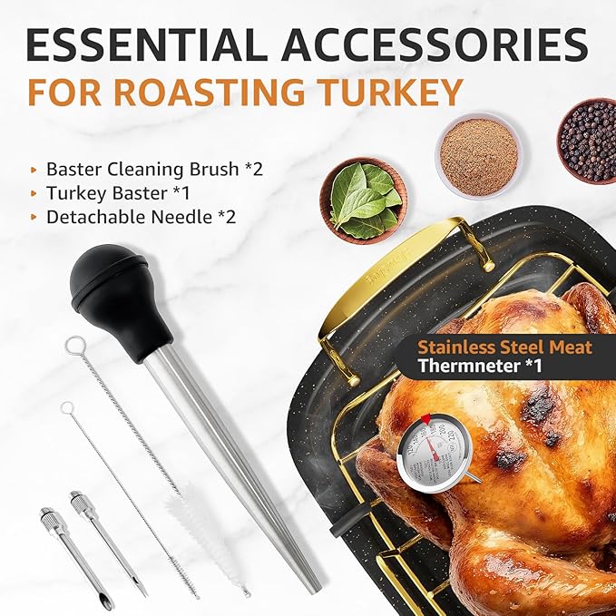 Turkey Roasting Pan, 17x13 Inch Nonstick Roaster with Removable Rack, Turkey Baster, Meat Thermometer, Turkey Brine Bags, Roaster Pan for Roasting Turkey, Meat & Vegetables (Black&Gold)