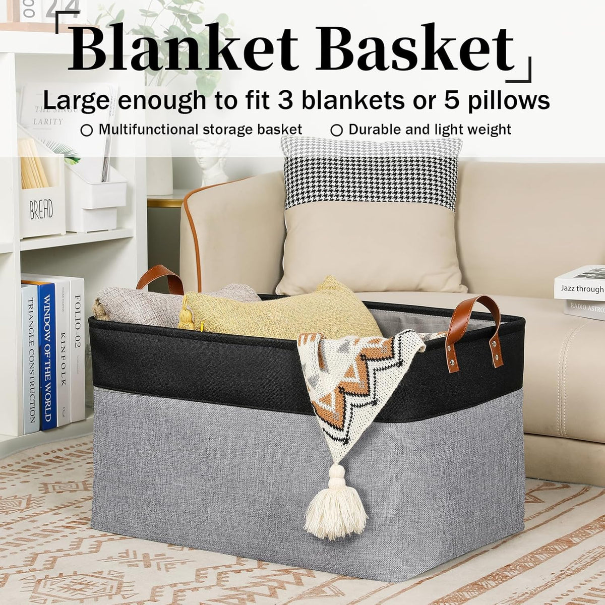 DULLEMELO Extra Large Storage Basket 22X15, 70L Foldable Fabric Toys Baskets Organizer Bins, Black&Grey