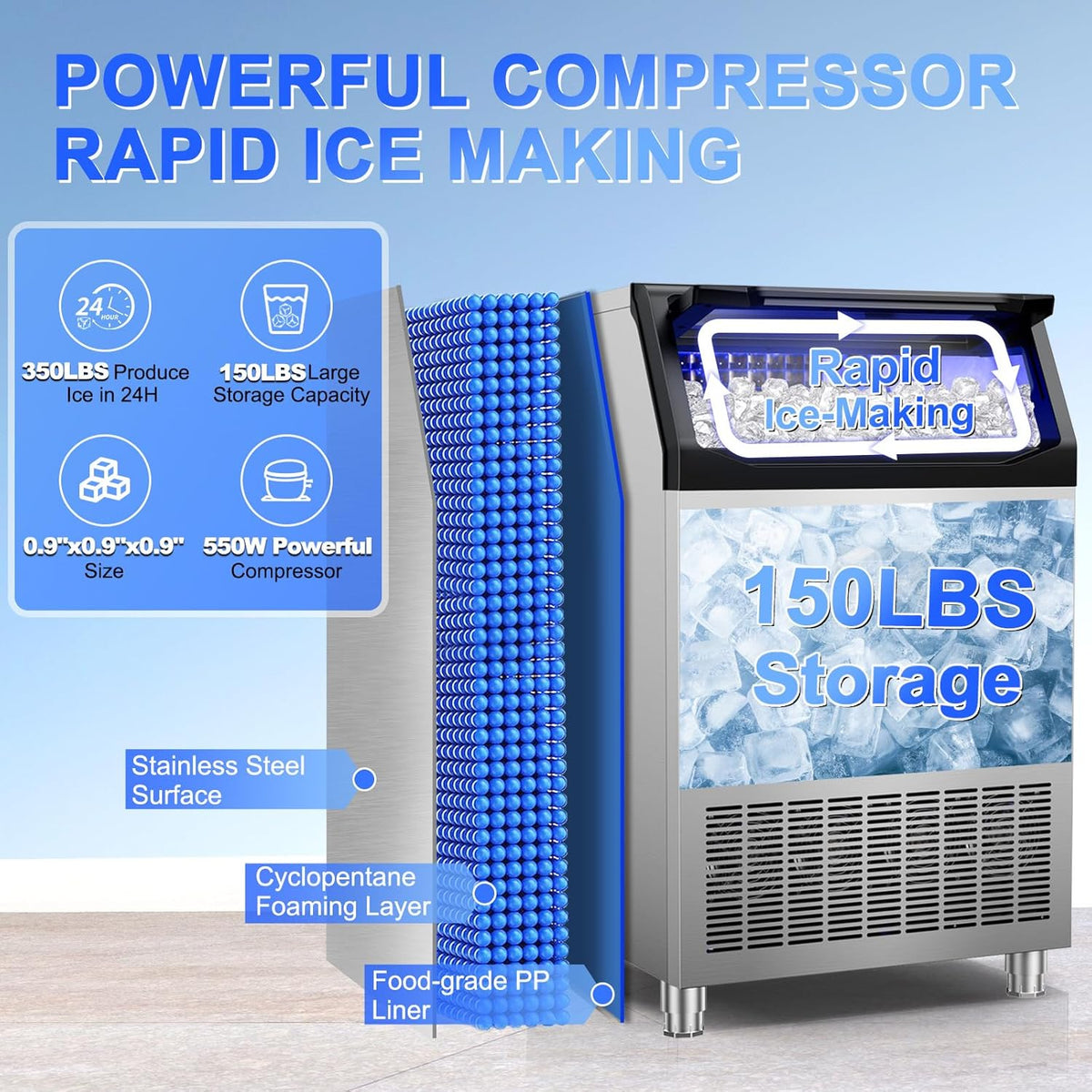 Commercial Ice Maker Machine 350Lbs/24H, 126pcs Ice Cubes Under Counter Ice Machine with Water Line and Filter, Freestanding Ice Maker Machine with 150Lbs Storage ice Bin for Home/Shop/Office/Bar
