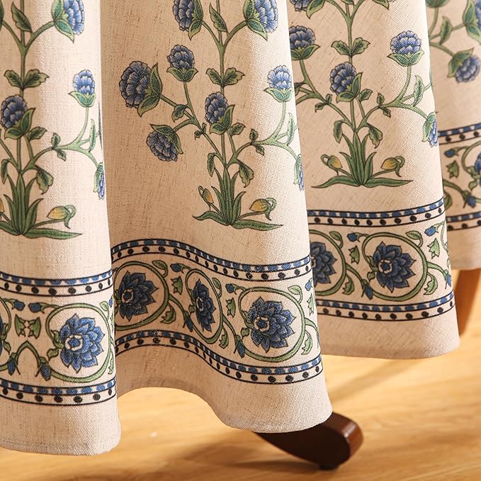 patdrea Designer Blue Small Tablecloth for Round Table,Linen Leaves Pattern Anti-Wrinkle Floral Tablecloths,Farmhouse Floral Table Cover Decor for Kitchen Dining,Thanksgiving,Diameter 55"-Ivar B