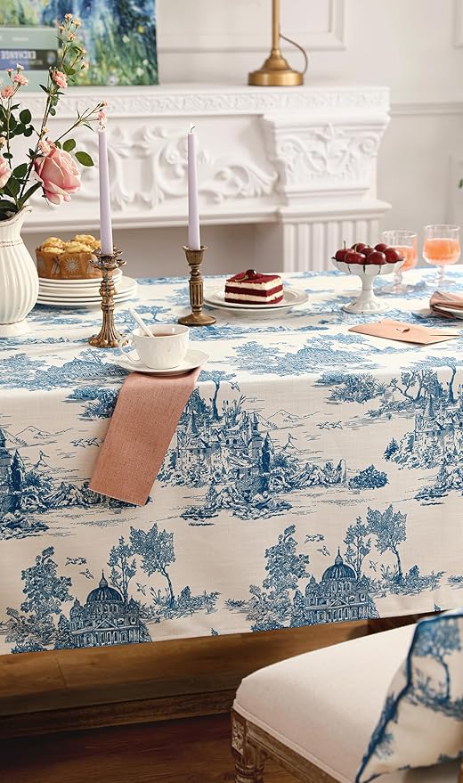 patdrea Designer Vintage Cyan Tablecloth for Rectangle Table,Linen Ancient Castle and Manor Pattern Tablecloths,Table Cover Decor for Kitchen Dining Christmas,Thanksgiving,55"x87"-Lucerne a