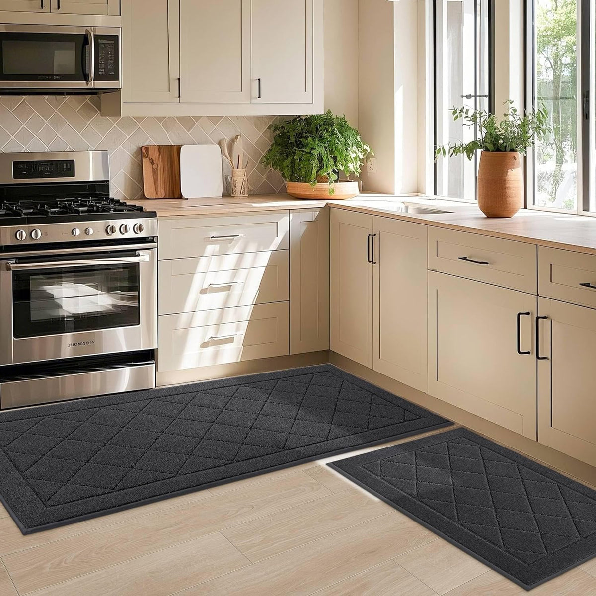 JSEI Non-Slip Kitchen Rugs, Self Adhesive No Sliding Kitchen Mats Set of 2, Soft Washable Absorbent Floor Mat for Kitchen, Bathroom, Laundry Room, Bedroom, 24”x36”+24”x60”, Dark Grey, Diamond Pattern