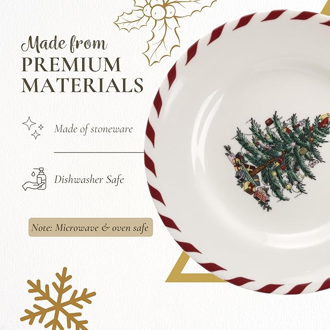 Spode Christmas Tree Canape Plates - Set of 4 | Peppermint Design, Holiday Appetizer Plate | Christmas Serving & Festive Dish | Seasonal Decorative Plate, Holiday Tableware