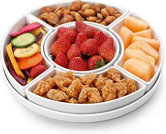 MALACASA Porcelain Divided Serving Dishes, Appetizers Tray, Serving Tray for Party - Perfect for Chips and Dip, Fruit, Veggies, Candy and Snacks, Divided Serving Platter, Relish Tray, White