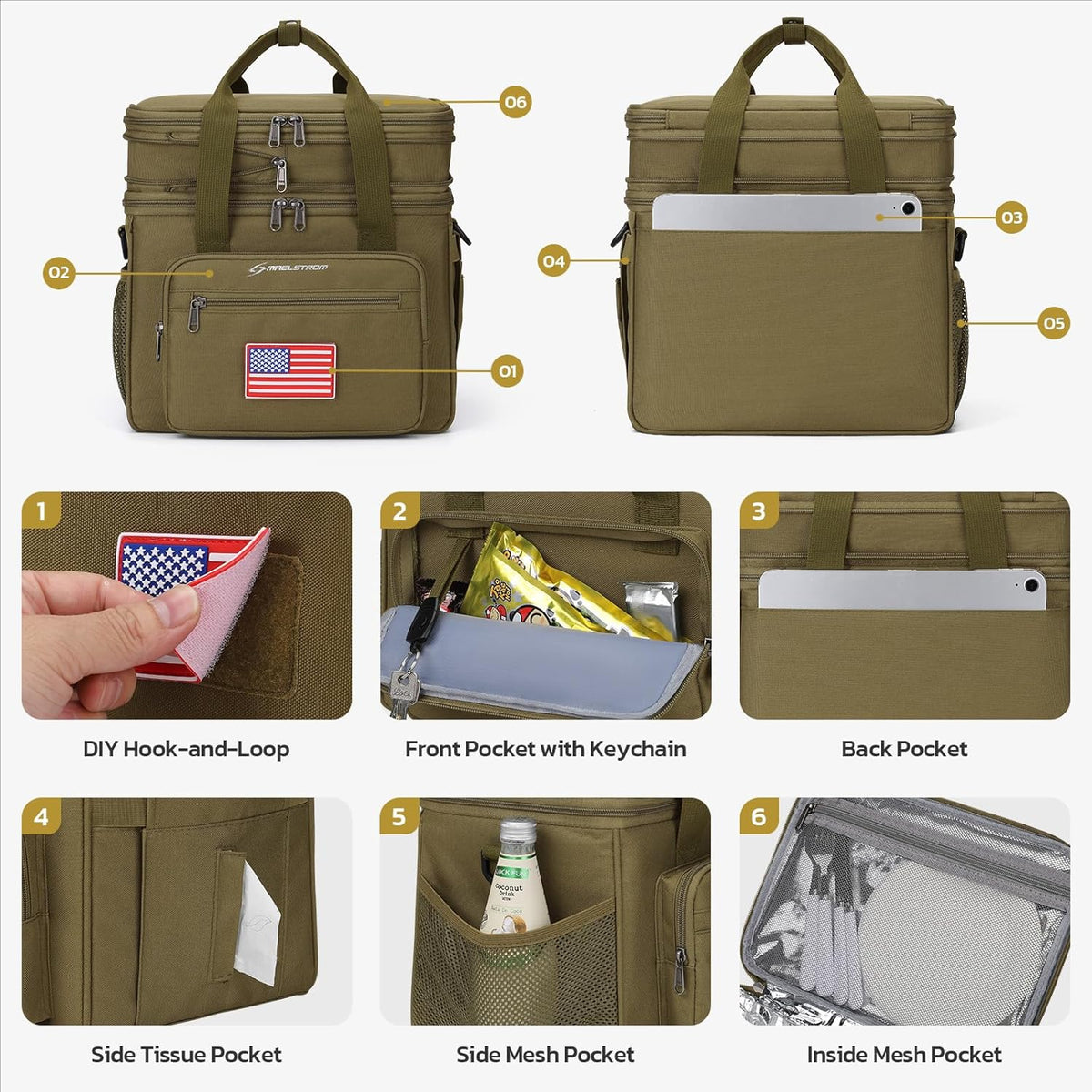Maelstrom Tactical Lunch Box for Men, 23L Insulated Lunch Bag, Expandable Double Deck Cooler Bag, Lightweight Leakproof Tote Bag With Side Tissue Pocket, Suit For Men and Women, Khaki