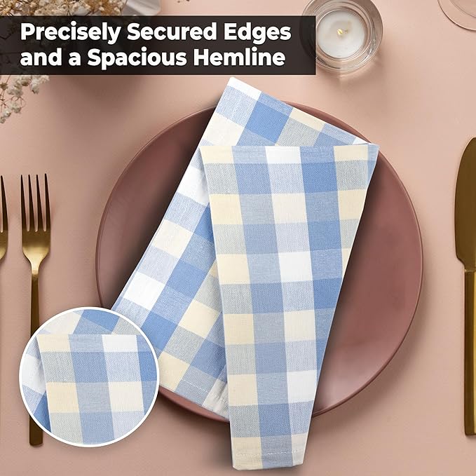 Urban Villa Cloth Napkins 100% Cotton Dinner Napkins Highly Absorbent 20x20 Inches (Set of 12) Blue Sand Buffalo Checks Reusable Washable Soft Durable Premium Quality Ideal for Home Wedding Parties