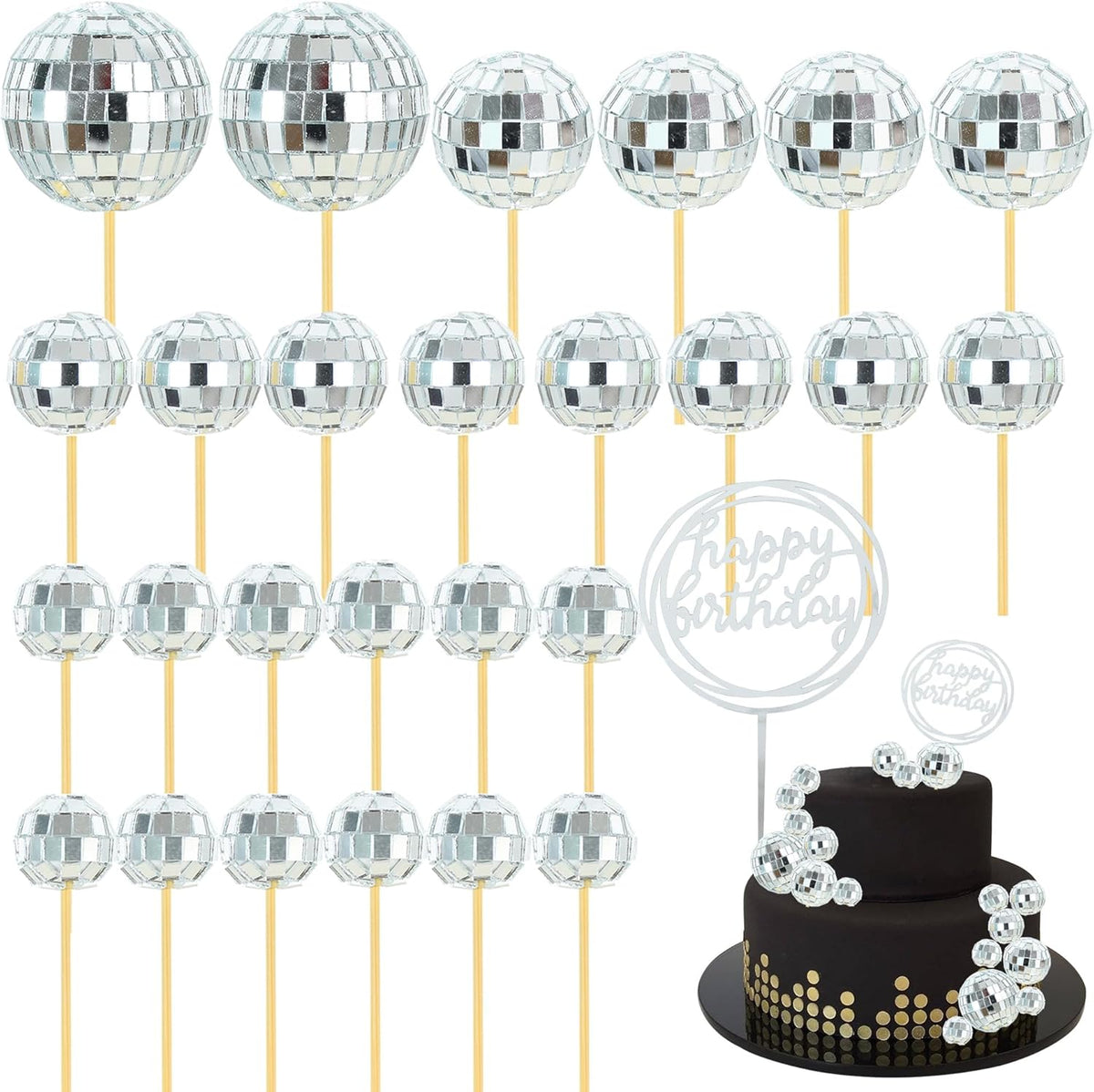 BEISHIDA 27 PCS Disco Ball Cake Topper 1970s Disco Decorations Mirror Ball Cupcake Toppers for Disco Theme Party 70s 80s Disco Party Birthday Cake Anniversary Wedding Cake Decorations