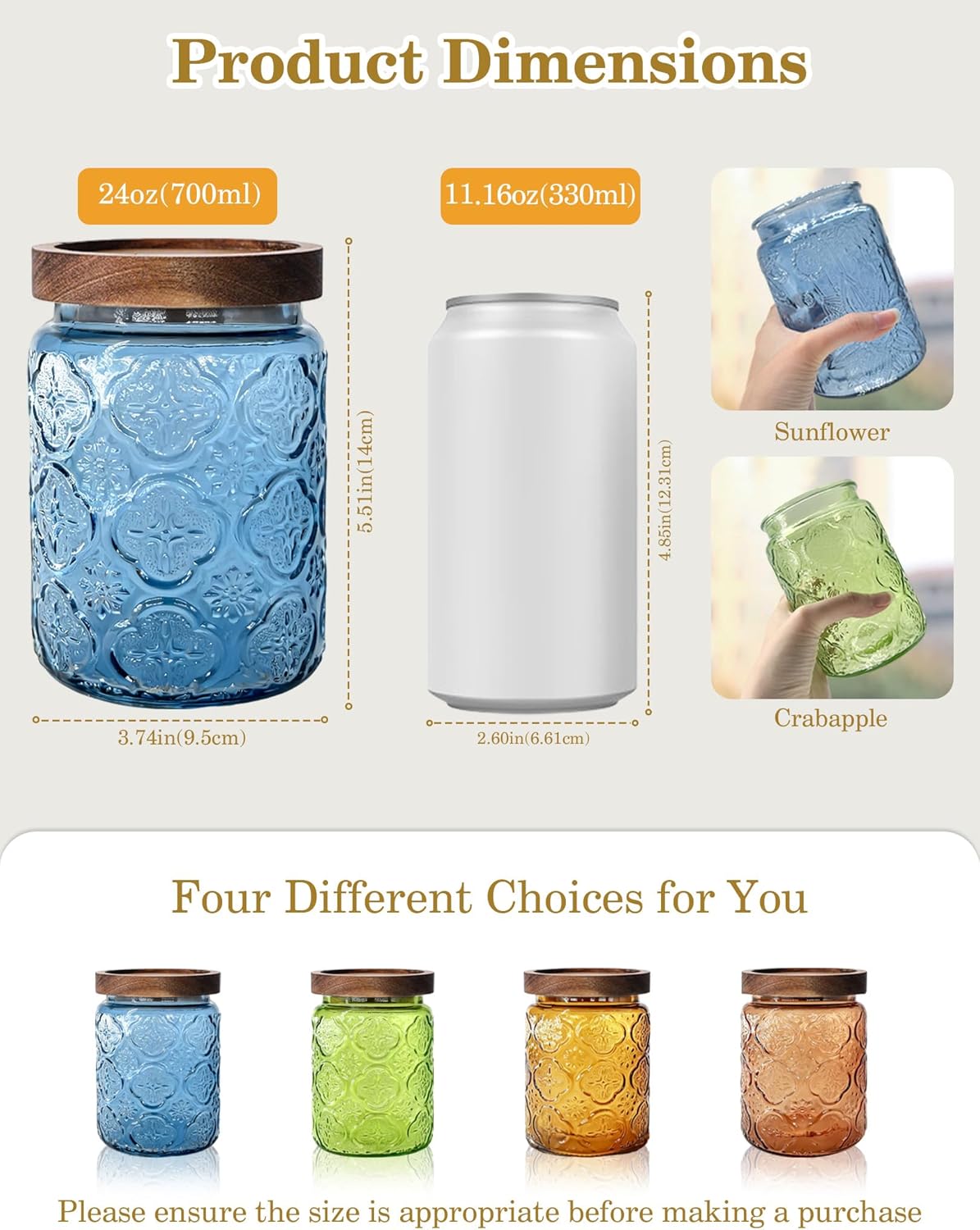 Glass Jar with Airtight Wood Lid – 24 OZ Kitchen and Pantry Canister, Decorative Vintage Storage Container for Candy, Coffee, Cookie, Cereal, Flour, Sugar, Tea, Blue Begonia