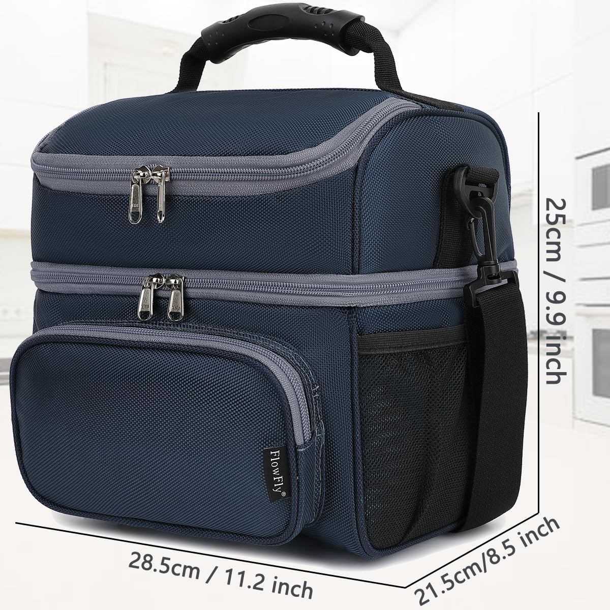 FlowFly Double Layer Cooler Insulated Lunch Bag Adult Lunch Box Large Tote Bag for Men, Women, With Adjustable Strap,Front Pocket and Dual Large Mesh Side Pockets