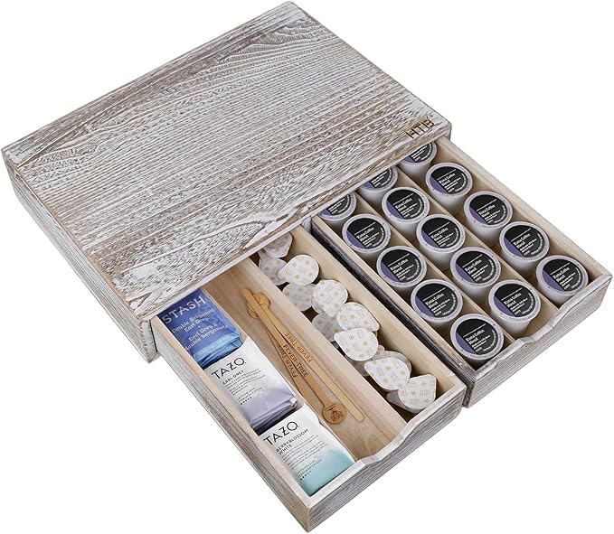 HTB K Cup Holder Compatible with K Cups, Coffee Pod Holder Holds Up 30 Cups, K Cup Organizer Storage Drawer Wood K Cup Drawer Vintage White