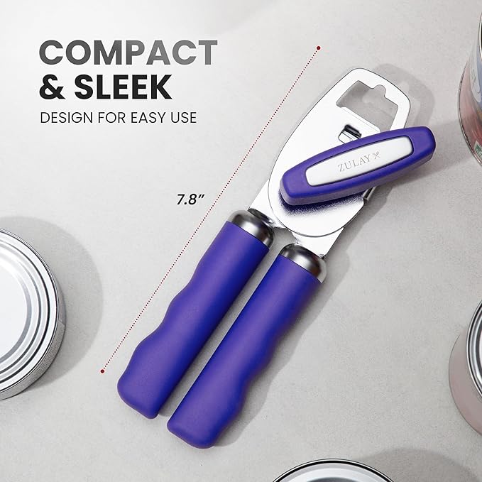 Zulay Kitchen Heavy Duty Stainless Steel Can Opener Manual with Bottle Opener - Rust Proof Manual Can Opener With Turn Knob & Comfy Soft Grip Handles - Purple
