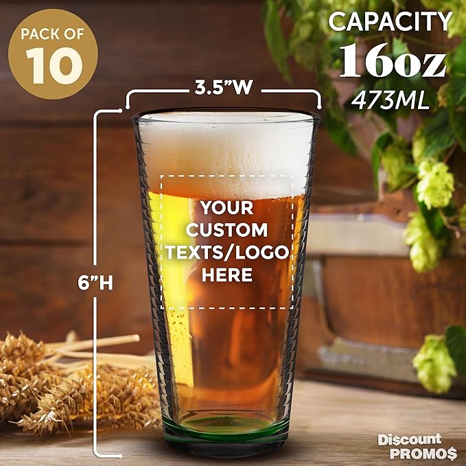 Custom Spiral Pint Glass 16 oz. Set of 10, Personalized Bulk Pack - Beer Glasses, Heavy Duty Drinkware - Green
