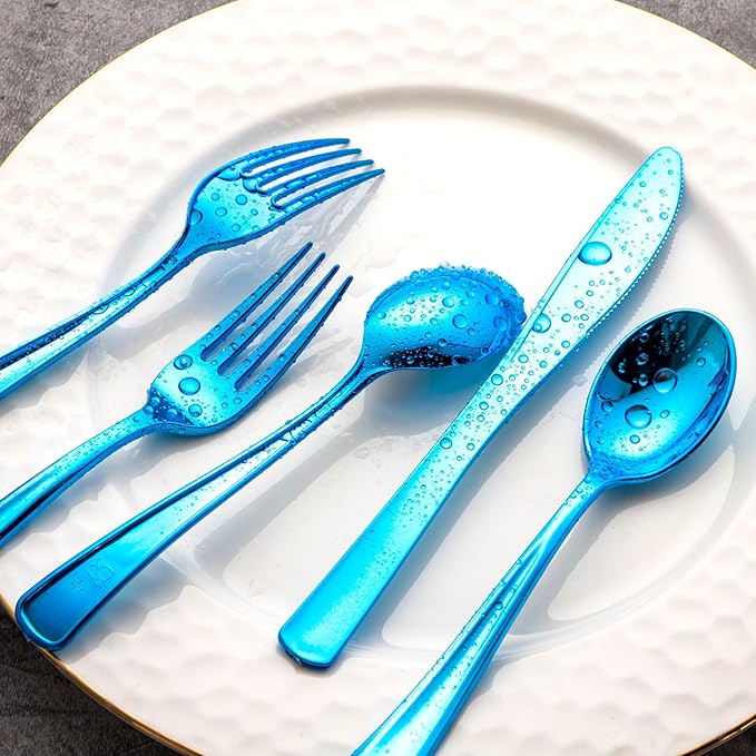 Supernal 240pcs Blue Plastic Silverware,Party Disposable Utensils,Plastic Silverware Heavy Duty Include 80 Forks,80 Knvies,80 Spoons,Premium Disposable Cutlery Shine Blue for Birthday,Party