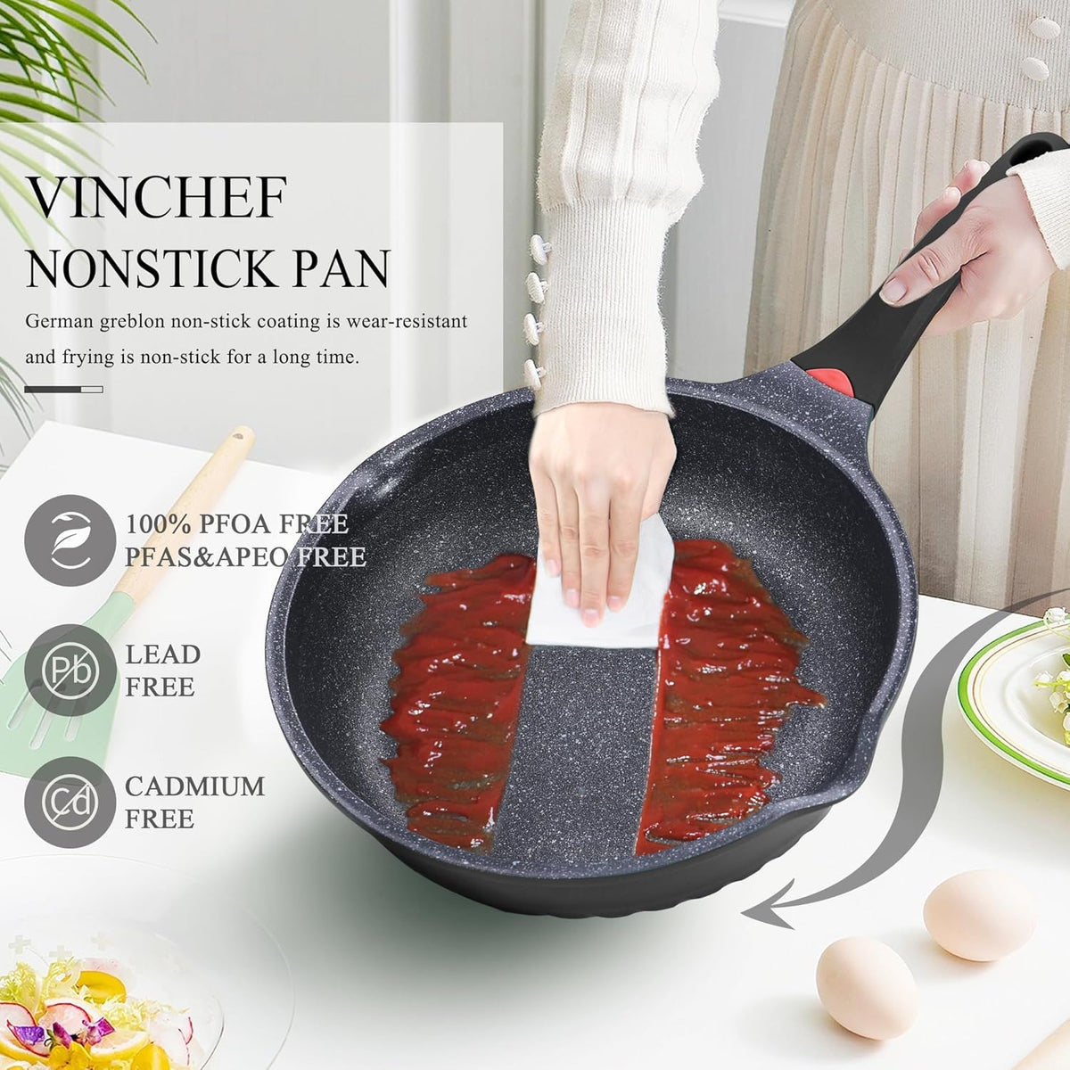Vinchef Nonstick Skillet with Lid, 12.5In Aluminum Deep Frying/Saute Pan with Lid and Heat Indicator, Anti Scratch and Anti Stain, Induction Compatible