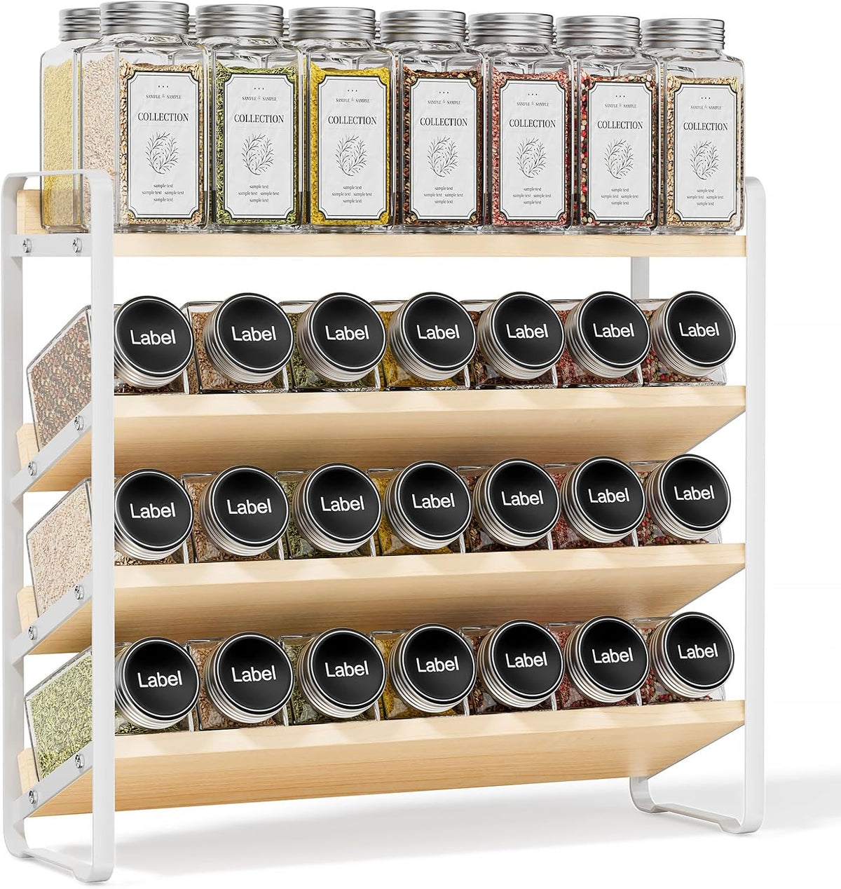 MUDEELA 4 Tier Spice Rack Organizer for Cabinet,Wooden Vertical Spice Shelf, Seasoning Organizer for Countertop, Kitchen, Pantry, Freestanding, 13.4" W × 11.2" H (No Jars Included), White