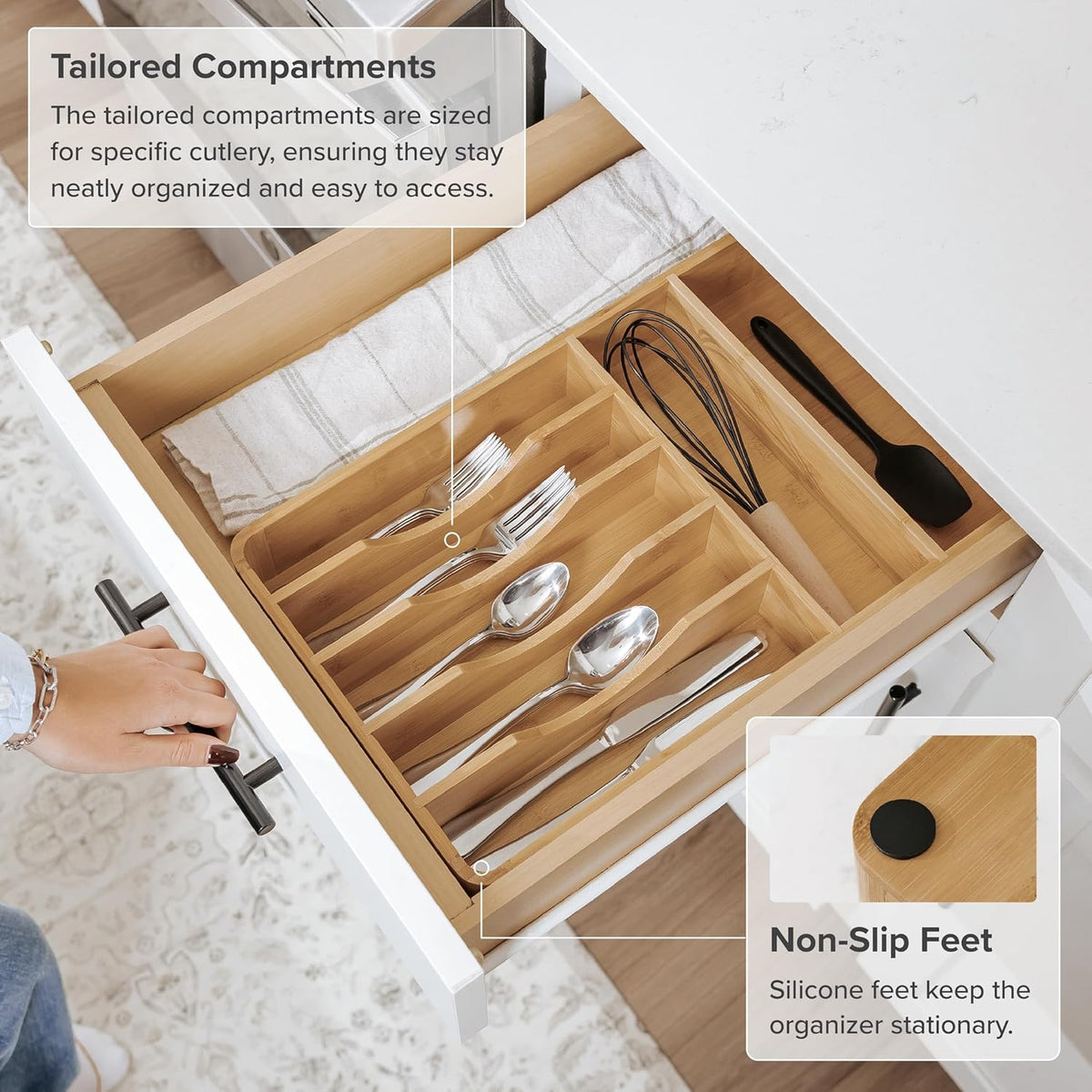 KitchenEdge Silverware Organizer - Cutlery, Flatware, and Utensil Holder for Kitchen Drawers, Fixed 10.5” Width, 7 Storage Compartments, Non-Slip Feet, Rounded Corners, 100% Bamboo