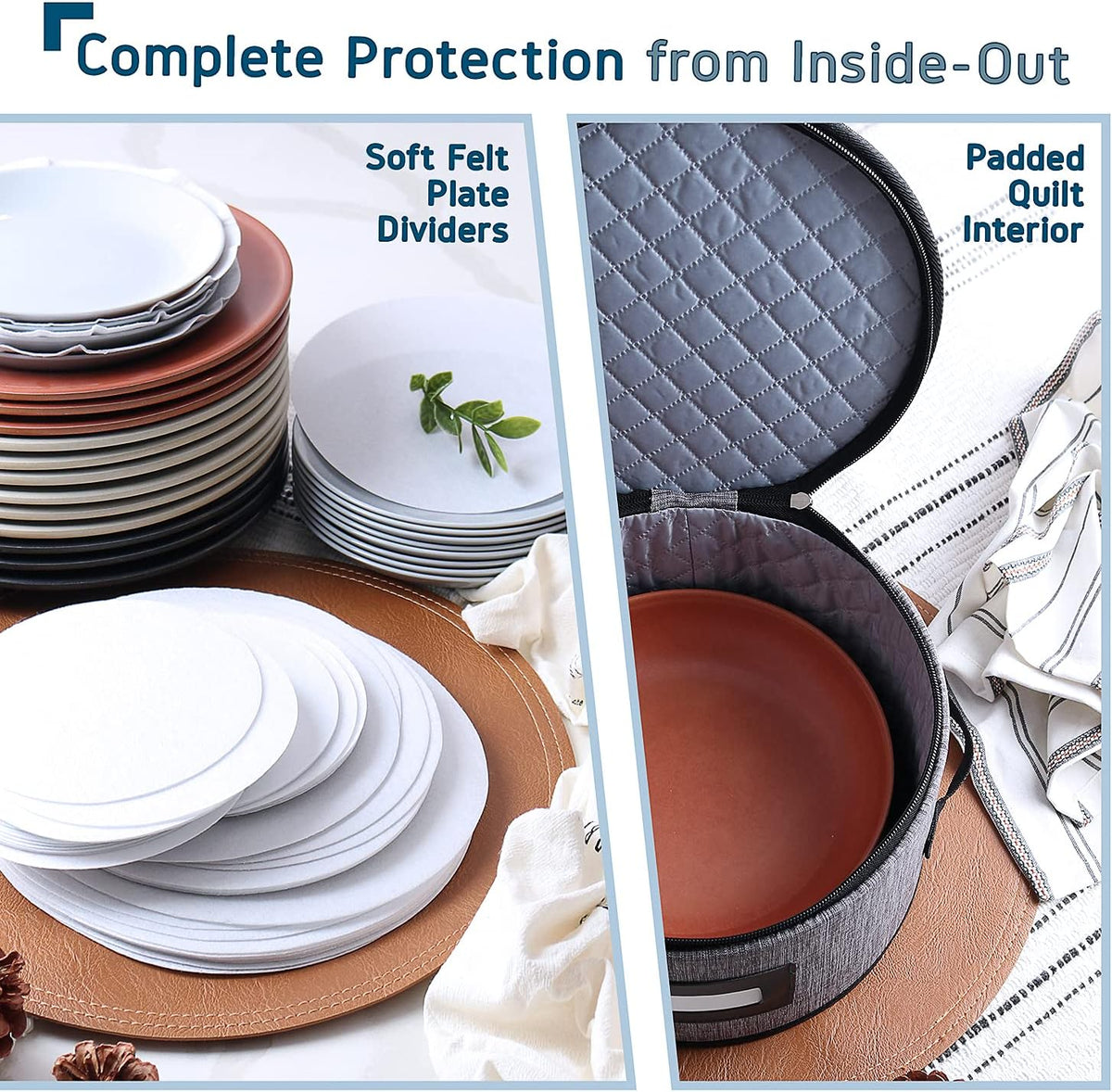 Fine China Storage Containers Hard Shell, 4 Piece Dish Storage Containers, Quilted Plate Storage Containers, Stackable Dish Organizer with Dividers, Dinnerware Storage for Moving and Seasonal Storage
