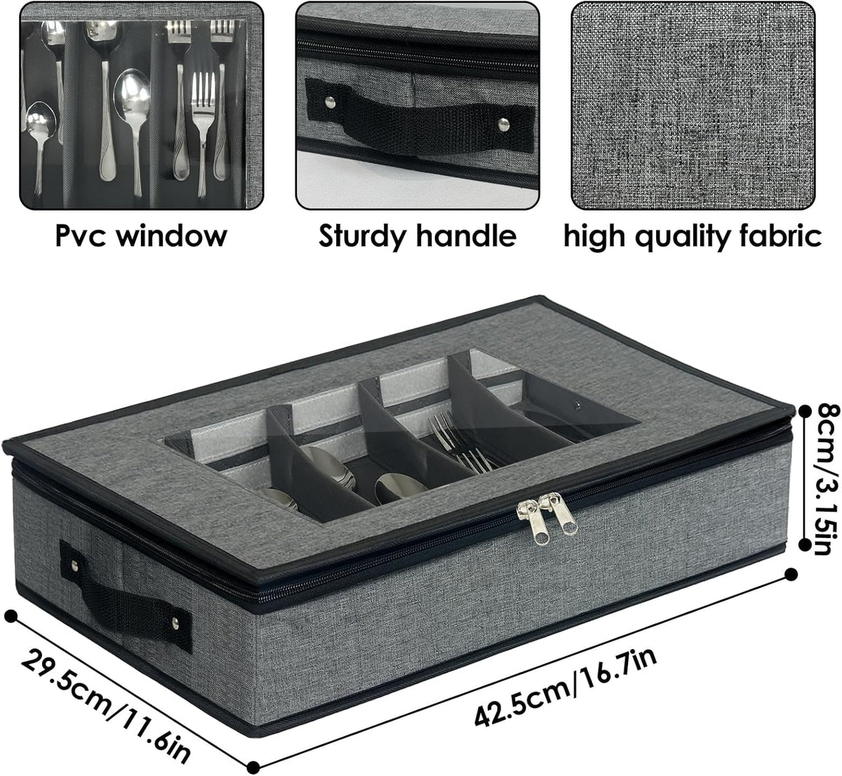 VERONLY Flatware Storage Case, Silverware Storage Box Chest with Dividers, 5 Compartment Cutlery Holder, Light Gray