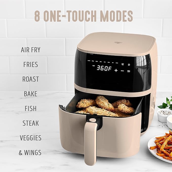 GreenLife Compact Electric Air Fryer Oven, 5.3 QT, PFAS-Free Ceramic Nonstick Drawer, 8 One Touch Digital Display, Easy View Window, Auto Shut-Off Timer, Dishwasher Safe Parts, 1500 Watts, Taupe