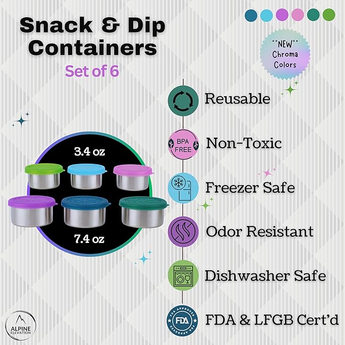 12-Piece Stainless Steel Snack Dip Condiment Containers Set | 3 x 7.4 oz and 3 x 3.4 oz with Silicone Lids | Reusable Leakproof Food Storage Containers for Lunch Meal Prep and Travel