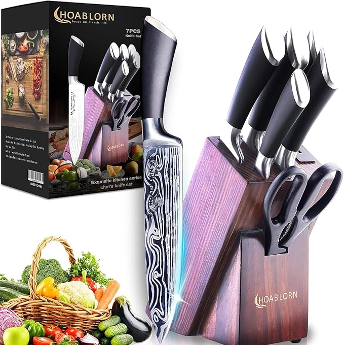 Knife Set, 7-Piece Kitchen Knives Set with Block Professional Stainless Steel Knives Set for Kitchen Damascus Knives Set with Built-in Knife Sharpener for Chef's Family