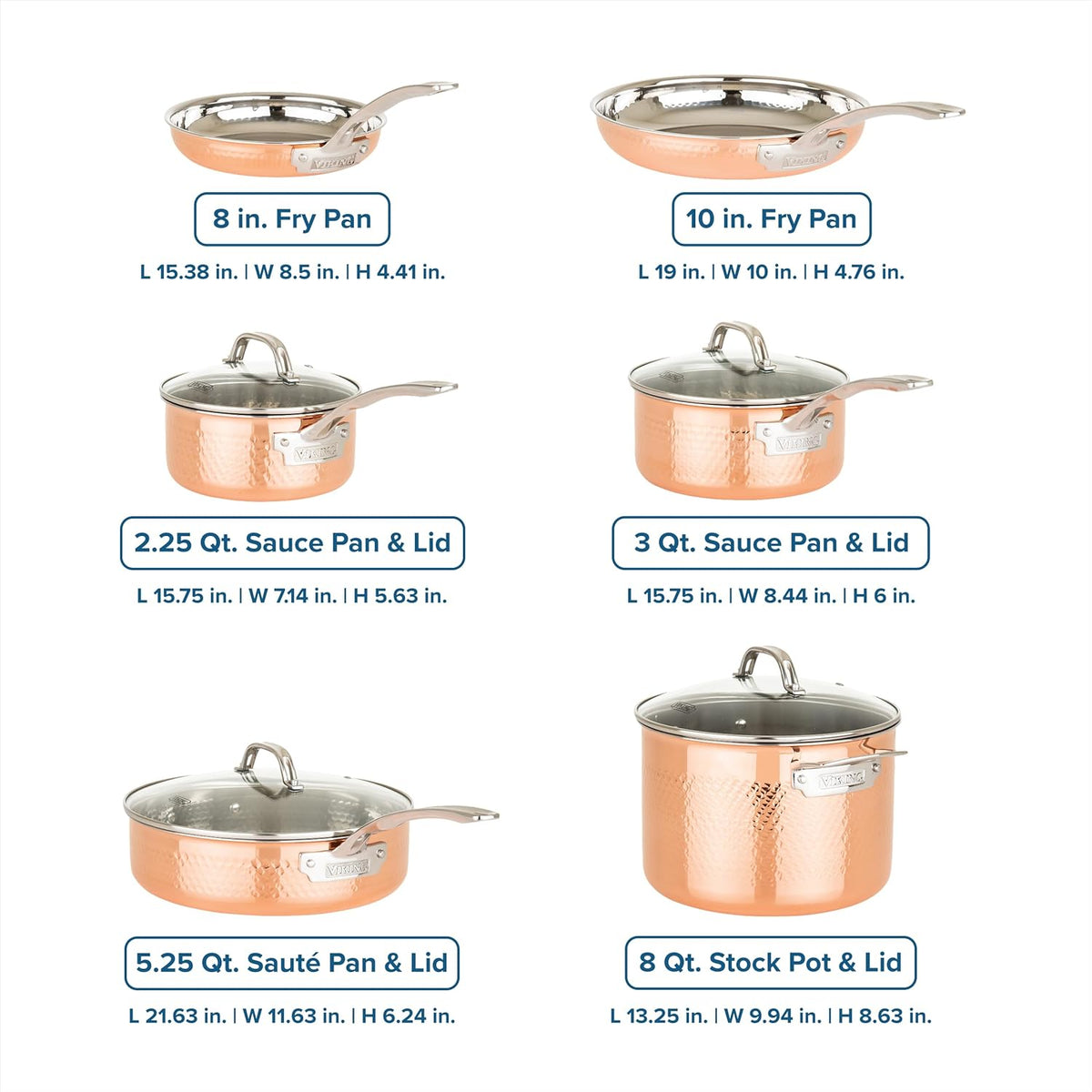 Viking 3-Ply Pots and Pans Set, 10 Piece Copper Kitchen Cookware with Glass Lids, Hammered Copper